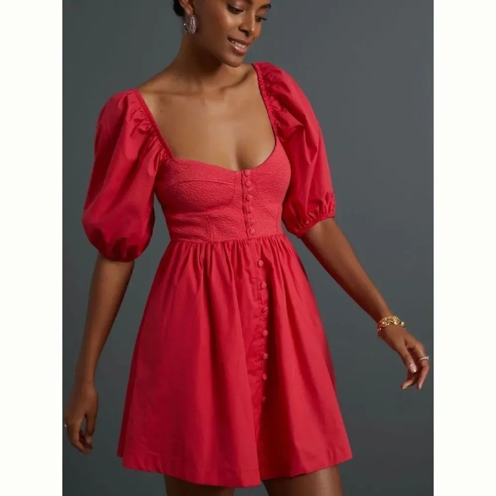 Maeve Puff-Sleeved Sweetheart Mini Dress | Anthropologie | Size: Small